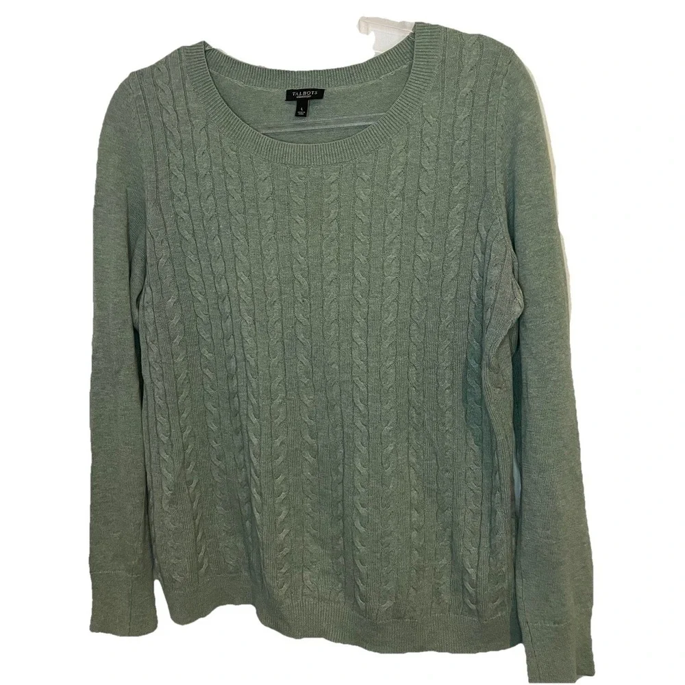 Talbots Green Cable Knit Sweater Medium Women's Cotton Wool Blend Large Classic